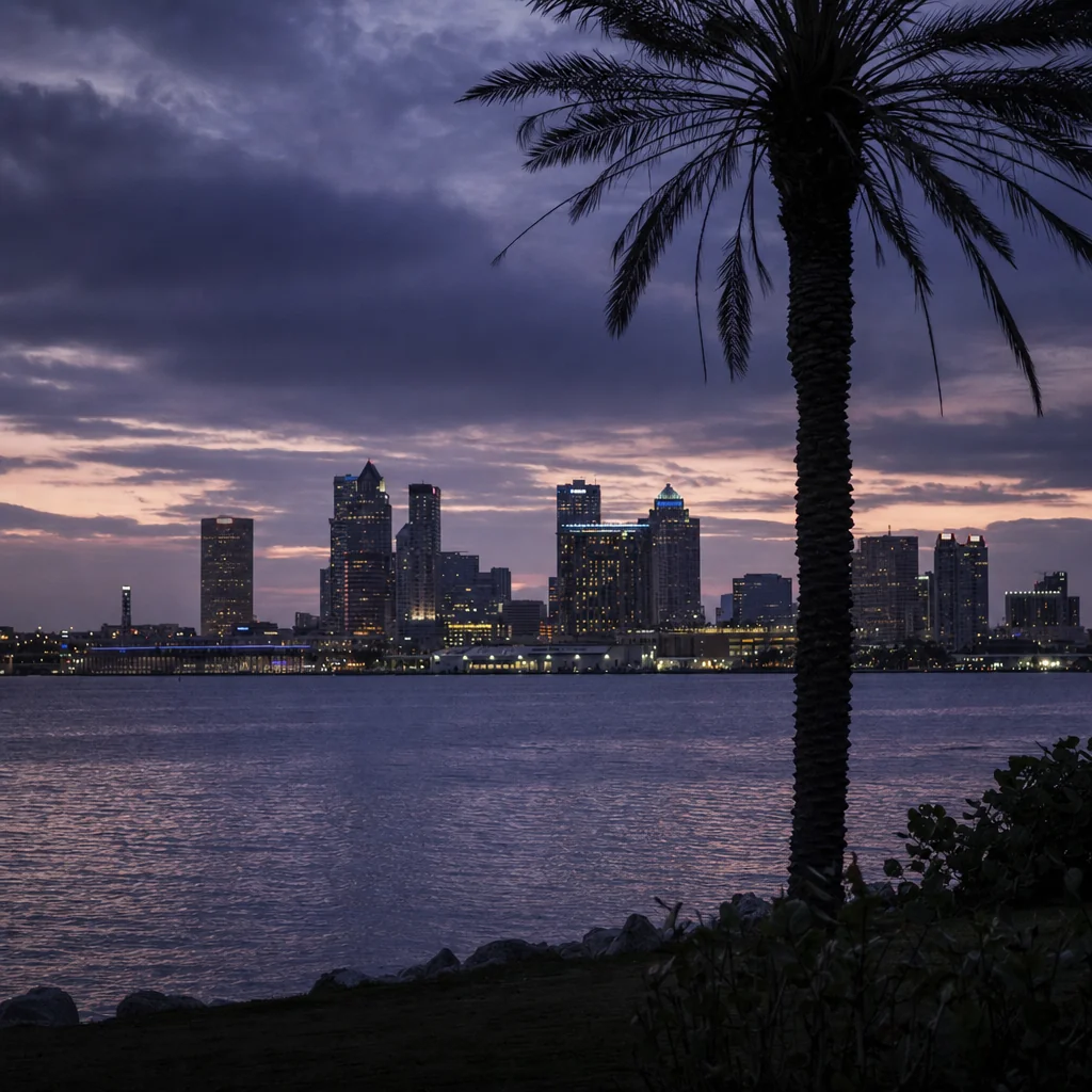 Tampa Florida downtown skyline at dusk with palm trees in foreground