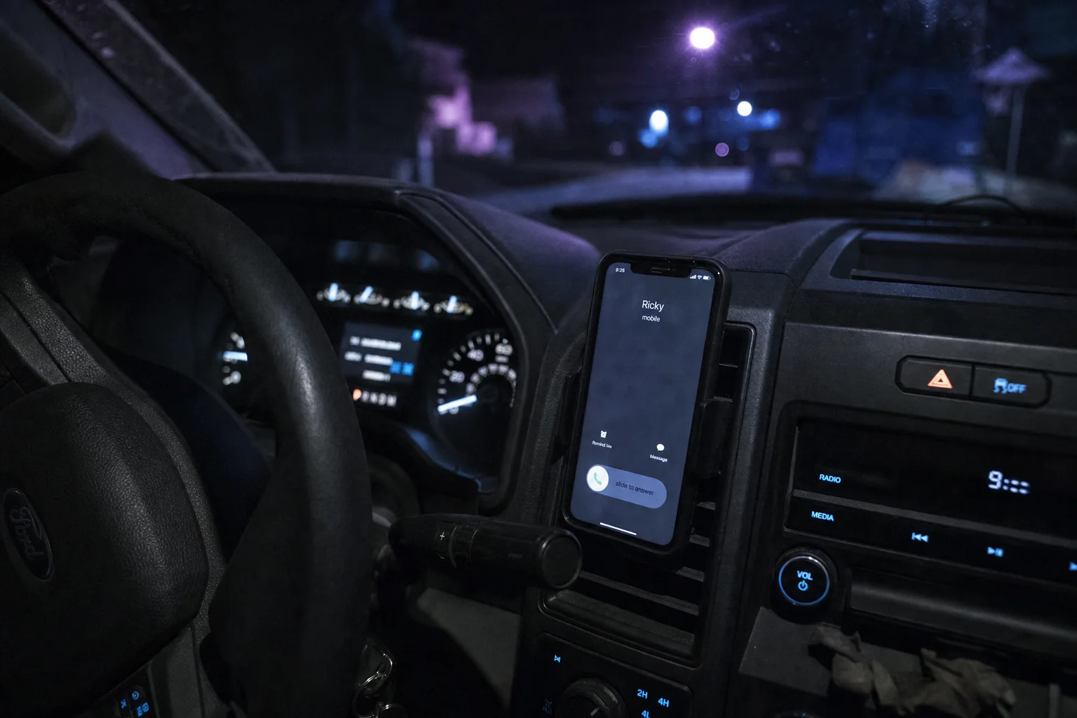Contractor truck dashboard at night showing an incoming call notification — every call captured