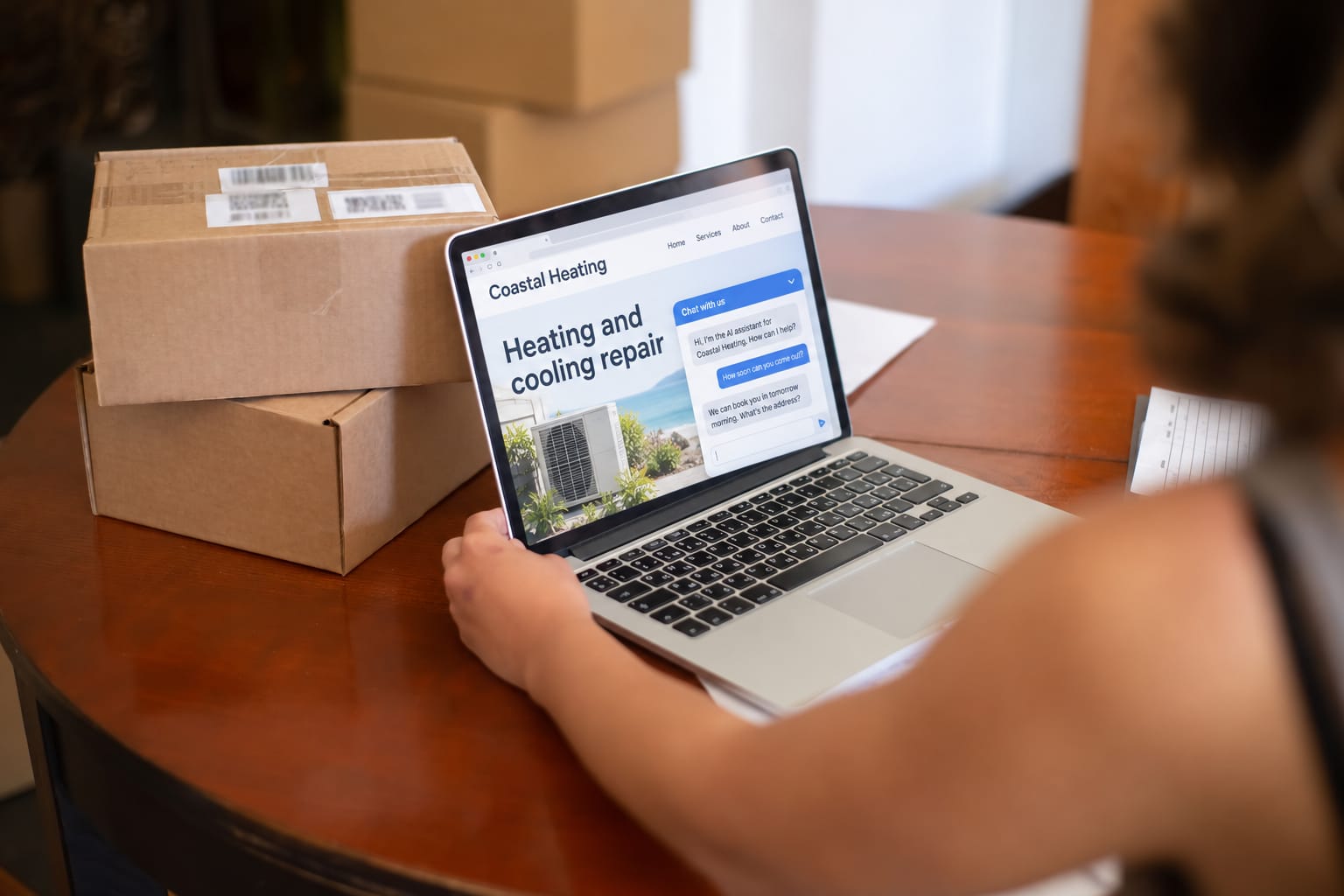 Chatbot vs live chat for a small business: a laptop showing a business website with an AI chat window answering a visitor