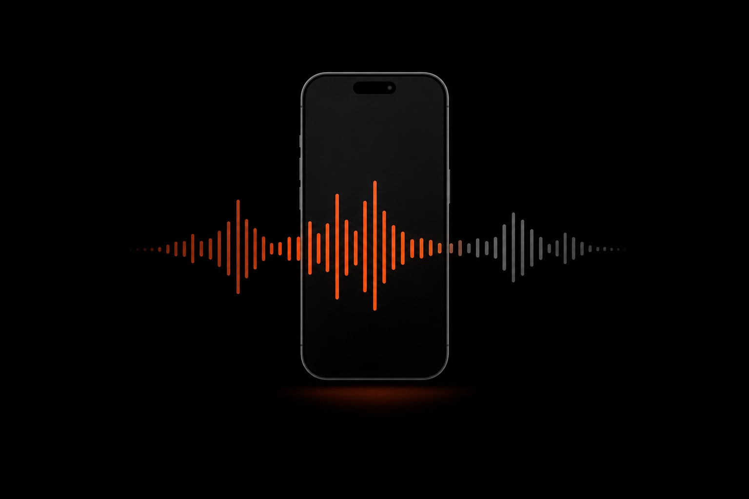 A phone with a voice waveform that fades from orange into grey, suggesting a synthetic voice that is hard to distinguish from a human one