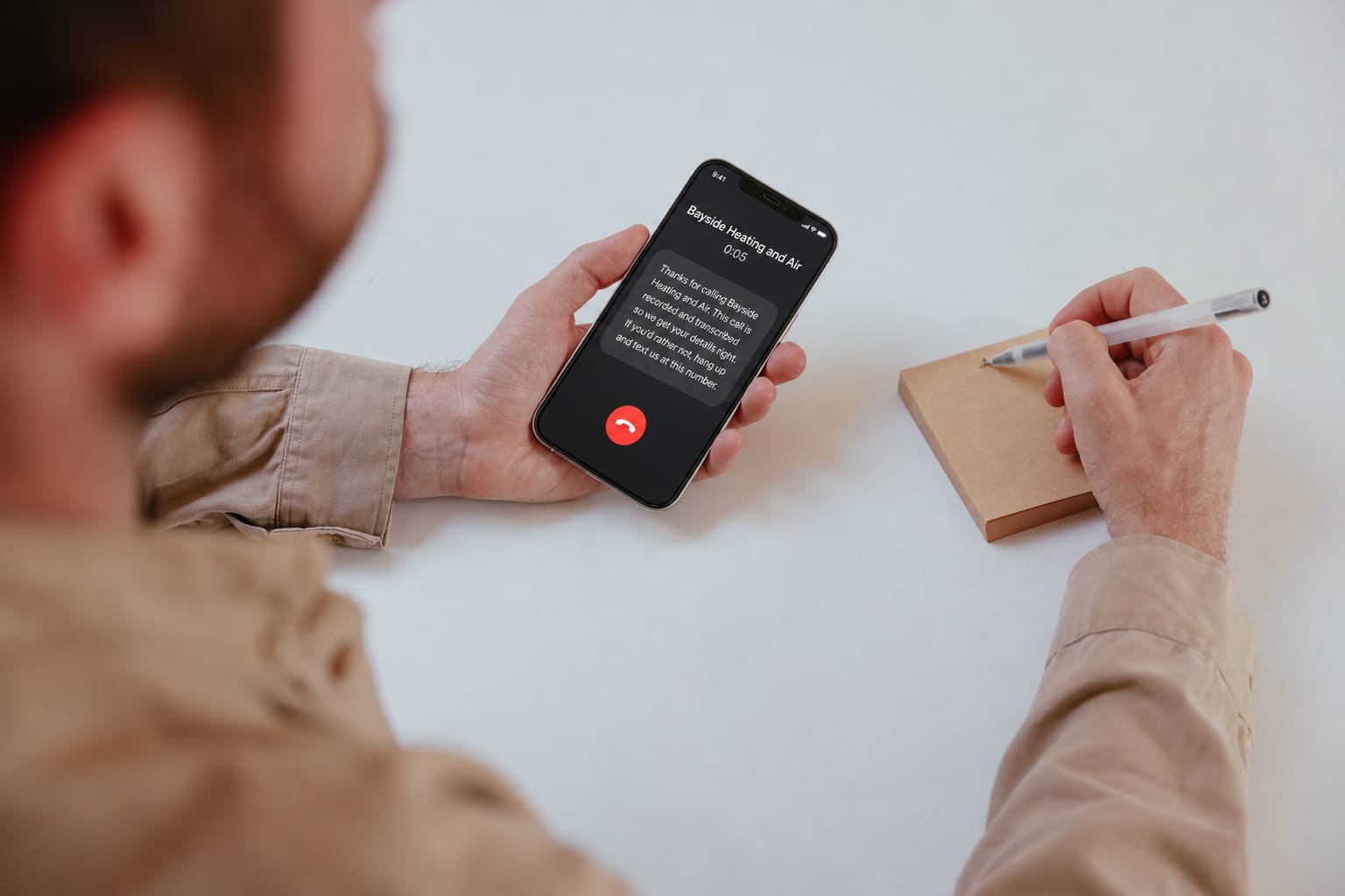 A phone call screen showing the recording notice as the first words of the call