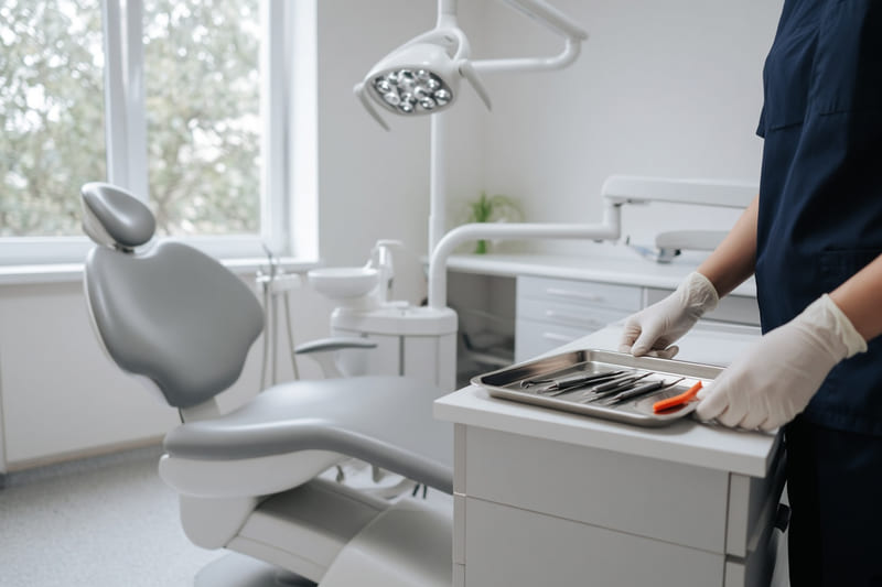 A gloved hand setting an instrument tray beside an empty dental chair in a bright treatment room.