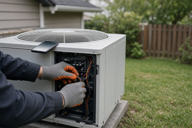 A technician's gloved hands at an outdoor air conditioner unit on a sunny afternoon, a phone resting on top.