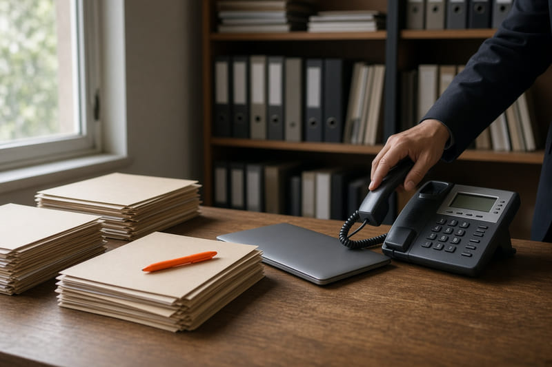 A hand setting down a desk phone beside case files in a daylit law office.