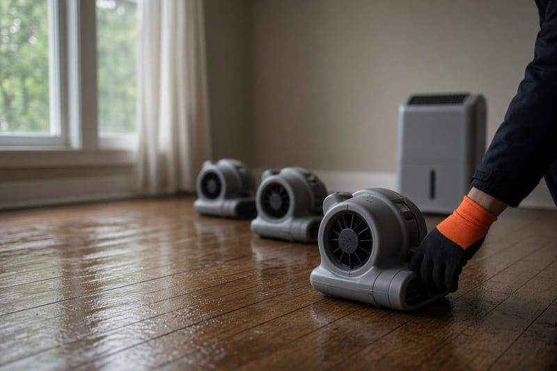 Air movers drying a wet wooden floor in a daylit living room.