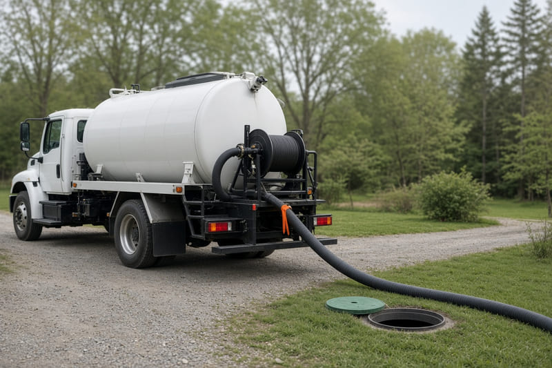 An unmarked pump truck on a rural driveway in the morning, its hose run to an open septic tank lid.