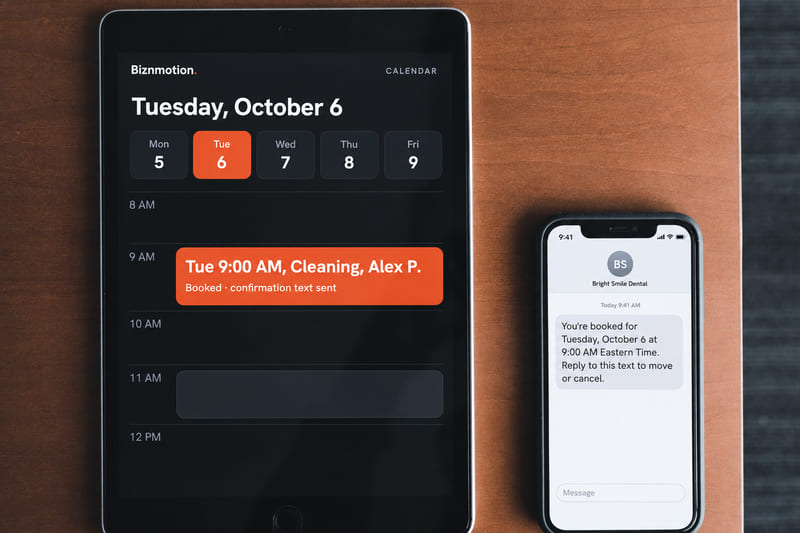 A tablet calendar with Tue 9:00 AM, Cleaning, Alex P. booked, beside a phone showing the confirmation text.