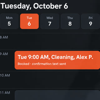A calendar with Tue 9:00 AM, Cleaning, Alex P. booked.