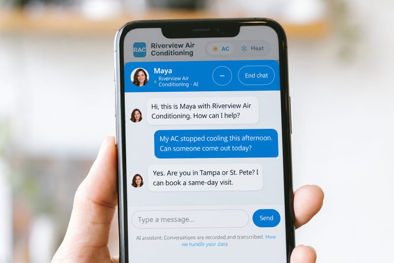 A phone showing the Riverview Air Conditioning website with the chat window open. A visitor asks: My AC stopped cooling this afternoon. Can someone come out today? Maya answers: Yes. Are you in Tampa or St. Pete? I can book a same-day visit.