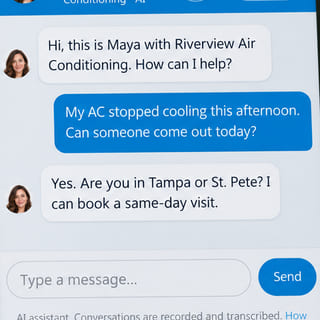 The chat window open, with a visitor asking for an AC repair and Maya offering a same-day visit.