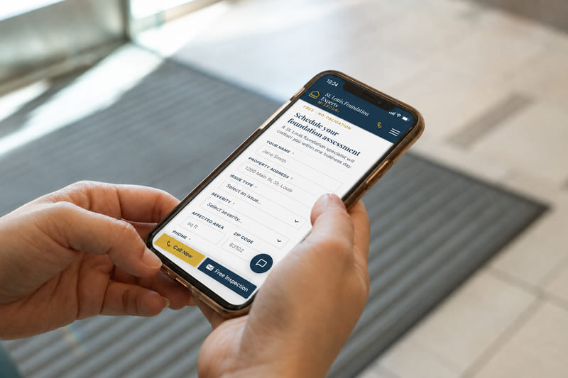 Hands holding a phone open to a St. Louis Foundation Experts page with the inspection request form and the chat button.