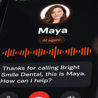 Maya, the AI agent, on a live call, with a voice waveform and her opening line.